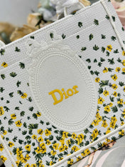 DIOR 26S BOOK TOTE BAG 26 IN WHITE FLORAL EMBROIDERY BAYADERE FABRIC