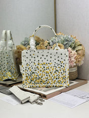 DIOR 26S BOOK TOTE BAG 26 IN WHITE FLORAL EMBROIDERY BAYADERE FABRIC