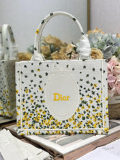 DIOR 26S BOOK TOTE BAG 26 IN WHITE FLORAL EMBROIDERY BAYADERE FABRIC