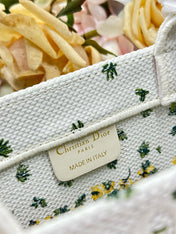 DIOR 26S BOOK TOTE BAG 26 IN WHITE FLORAL EMBROIDERY BAYADERE FABRIC