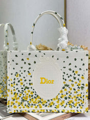 DIOR 26S BOOK TOTE BAG 36 IN WHITE FLORAL EMBROIDERY BAYADERE FABRIC