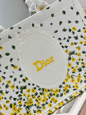 DIOR 26S BOOK TOTE BAG 36 IN WHITE FLORAL EMBROIDERY BAYADERE FABRIC