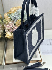 DIOR 26S BOOK TOTE BAG 36 IN BLACK AND WHITE LACE BAYADERE FABRIC