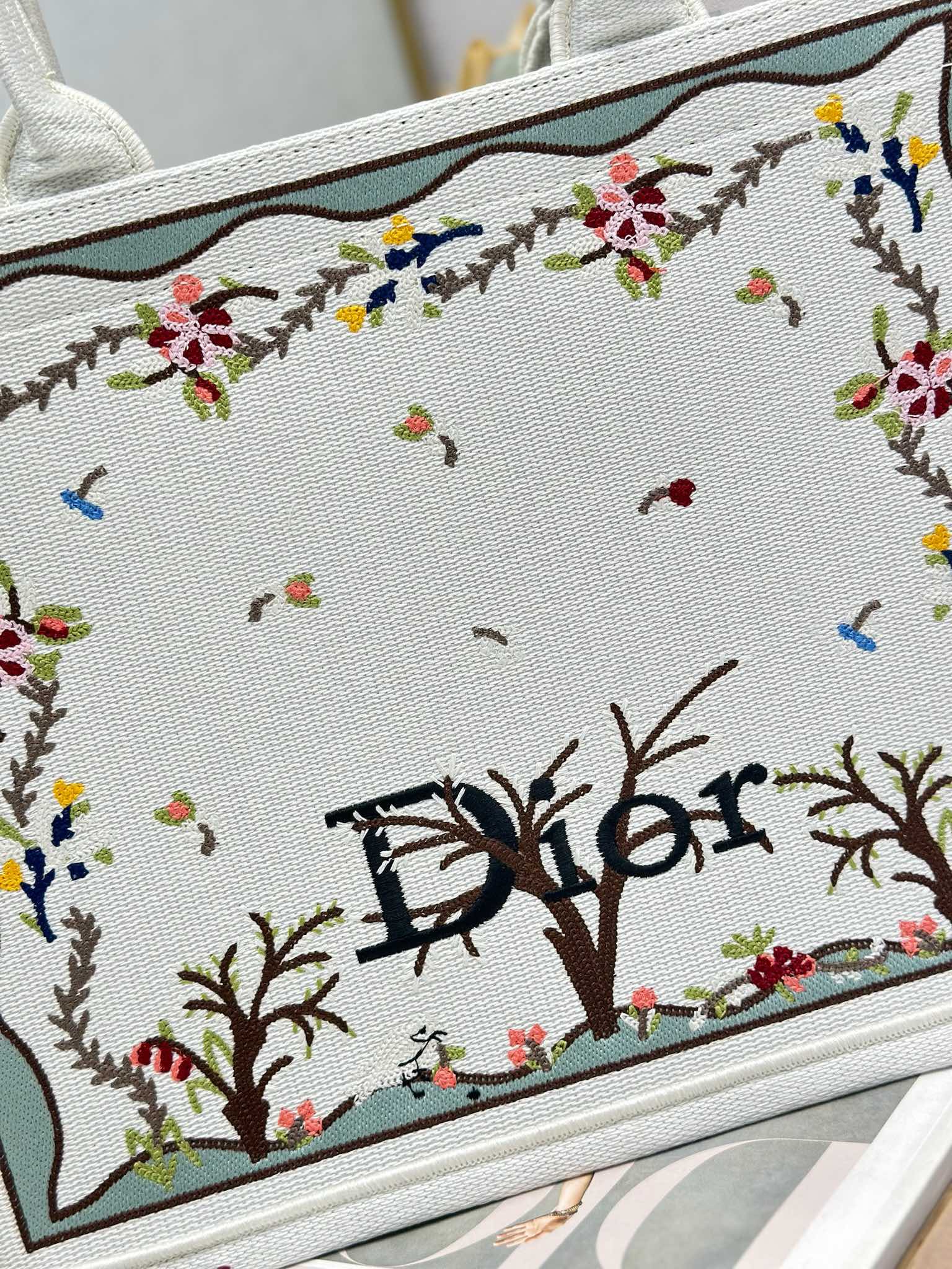 DIOR 26S BOOK TOTE BAG 36 IN BEIGE BAYADERE FABRIC D-STRIPES EMBROIDERY