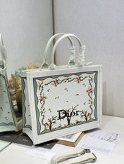 DIOR 26S BOOK TOTE BAG 42 IN WHITE BAYADERE FABRIC D-STRIPES EMBROIDERY