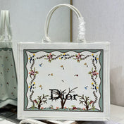 DIOR 26S BOOK TOTE BAG 42 IN WHITE BAYADERE FABRIC D-STRIPES EMBROIDERY
