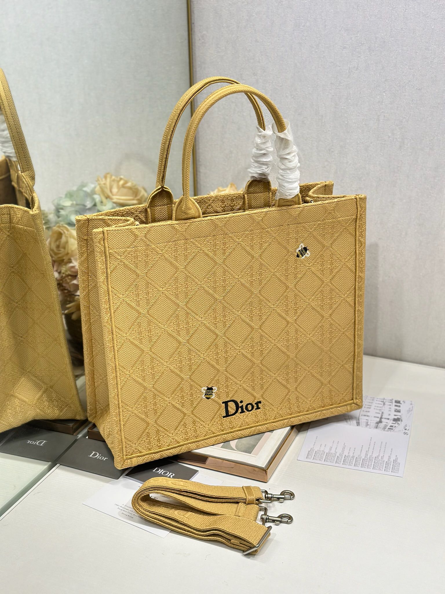DIOR 26S BOOK TOTE BAG 42 IN BEIGE BAYADERE FABRIC D-STRIPES EMBROIDERY