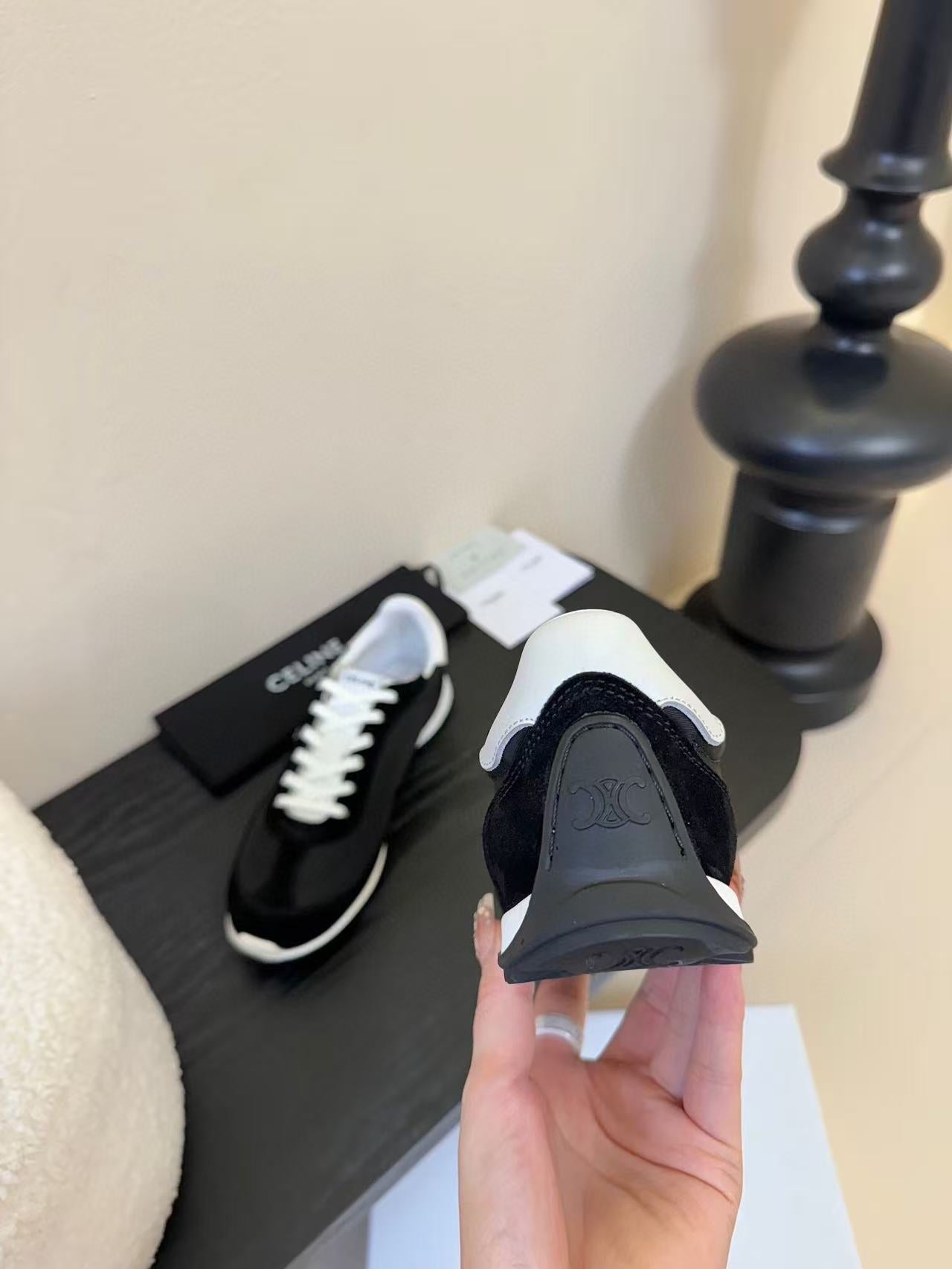 CELINE TRAINRES IN BLACK MIX WHITE SUEDE AND FABRIC