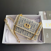 CD OBLIQUE SHOULDER BAG 18 IN BLUE AND BEIGE FABRIC GOLD-TONE CHAIN