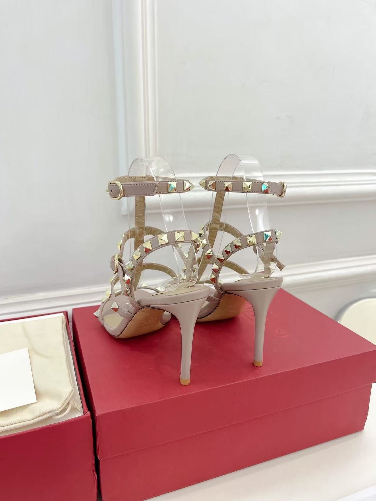 VALENTINO 26S ROCKSTUD CAGED SANDALS IN POWDER PINK CALFSKIN LEATHER