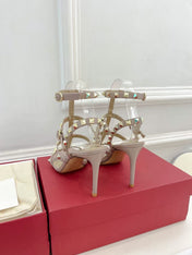 VALENTINO 26S ROCKSTUD CAGED SANDALS IN POWDER PINK CALFSKIN LEATHER