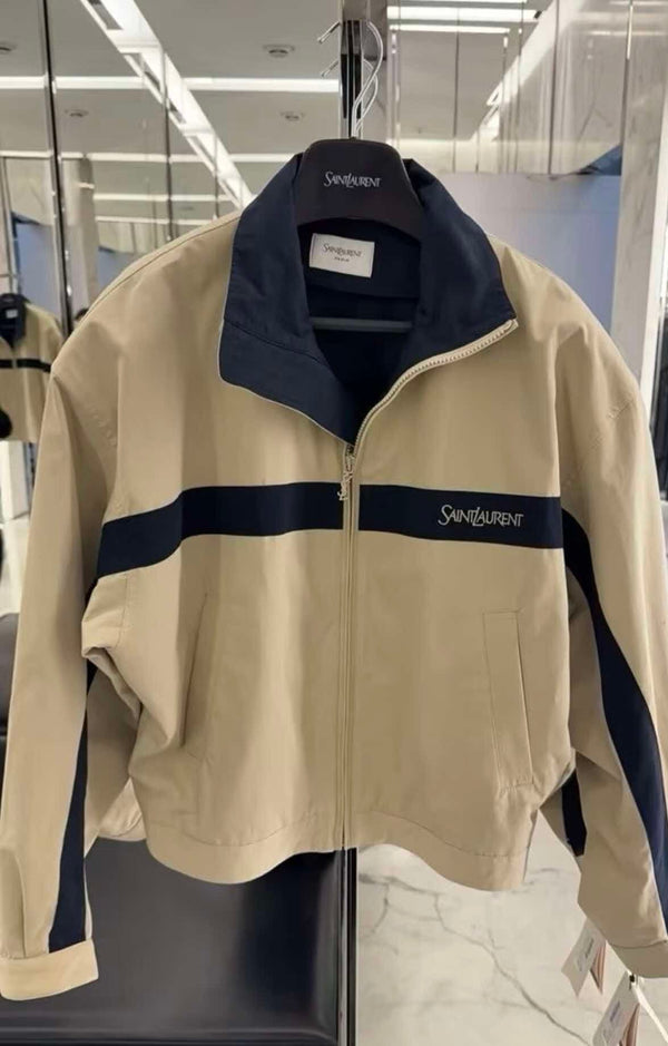YSL 26S ZIP-UP JACKET IN BEIGE & NAVY COTTON