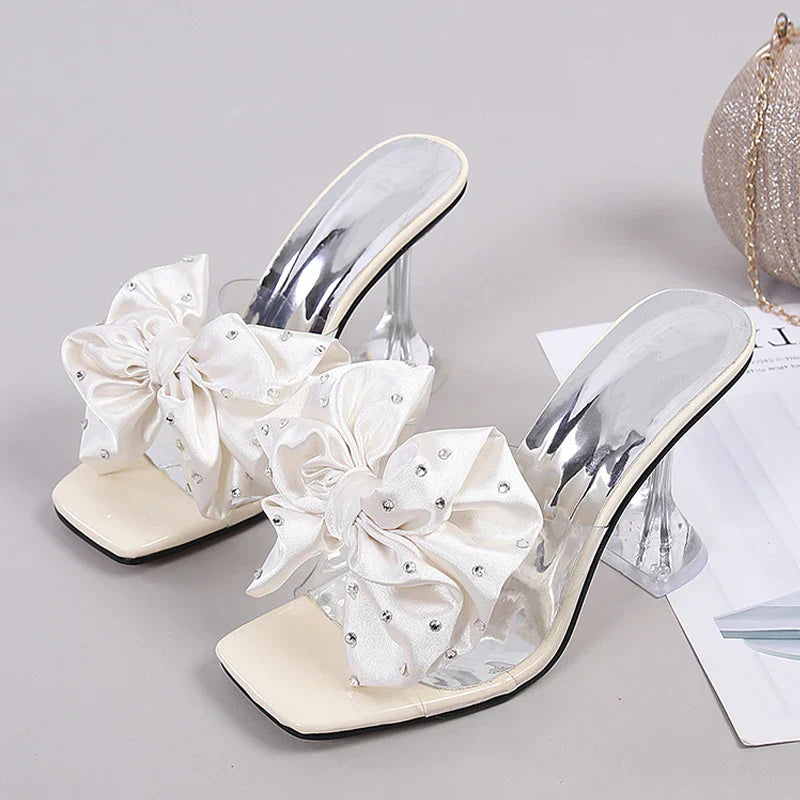 Crystal Bow PVC Transparent Heels - Open Toe Slides