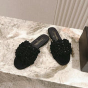 CHANEL 26S CAMELIA SLIPPERS IN BLACK LAMBSKIN BEADED