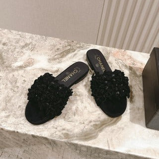 CHANEL 26S CAMELIA SLIPPERS IN BLACK LAMBSKIN BEADED