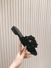 CHANEL 26S CAMELIA SLIPPERS IN BLACK LAMBSKIN BEADED