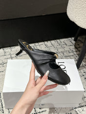 LOEWE 26S HIGH-HEELED MULES IN BLACK CALFSKIN