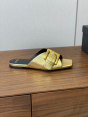 BALMAIN 26S B-BELT FLAT SANDALS IN METALLIC GOLD CALFSKIN