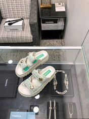 DAD SANDAL MULE IN WHITE MIX PERSIAN GREEN TWEED FABRIC