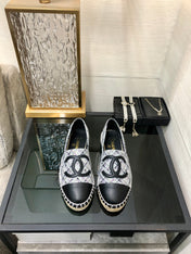 ESPADRILLE COLORFUL TWEED FABRIC AND BLACK CALFSKIN FLATS