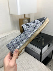 ESPADRILLE COLORFUL TWEED FABRIC AND BLACK CALFSKIN FLATS