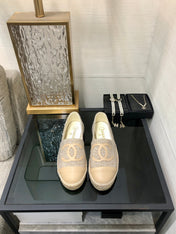 ESPADRILLE BISQUE BEIGE TWEED FABRIC AND CALFSKIN FLATS