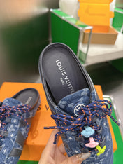LV 26S MULE SNEAKERS IN BLUE DENIM AND SUEDE WITH FLOWER CHARM
