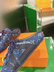LV 26S MULE SNEAKERS IN BLUE DENIM AND SUEDE WITH FLOWER CHARM