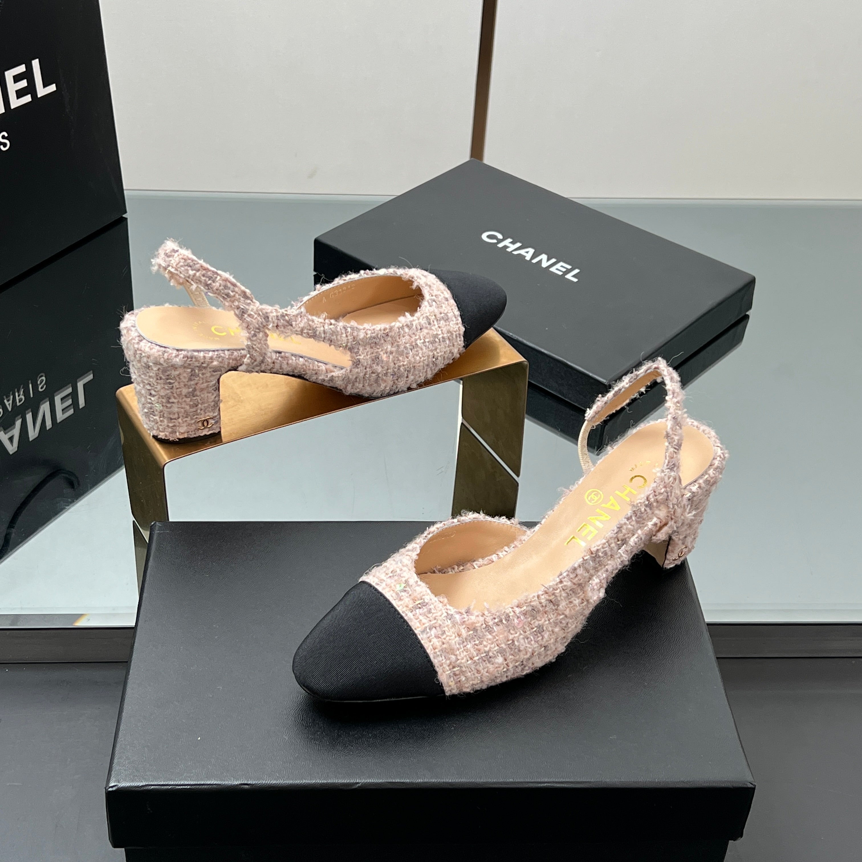 CC HIGH SLINGBACK 25S 65 MM IN PINK TWEED MIX BLACK FABRIC