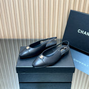 CHANEL 25S SLINGBACK FLATS IN BLACK CALFSKIN GOLD HARDWRE