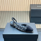 CHANEL 25S SLINGBACK FLATS SHOES IN BLACK TWEED