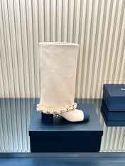 CHANEL 25S HIGH BOOTS 65MM IN BEIGE CALFSKIN GOLD HARDWARE