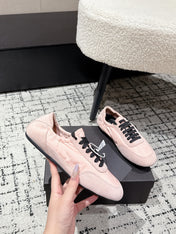 PRADA 25S COLLAPSE SNEAKERS IN LIGHT PINK RE NYLON AND SUEDE