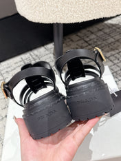 PRADA 25S FISHERMAN OPEN TOE SANDALS IN BLACK CALFSKIN