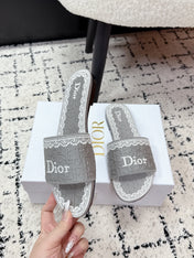 DIOR 26S SLIDES IN GREY EMBOSSED OBLIQUE LACE EMBROIDERY