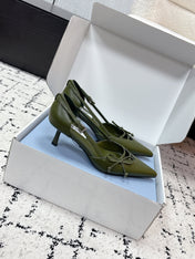 PRADA 26S POINTED-TOE HIGH HEELS 55MM IN DARK OLIVE GREEN CALFSKIN WITH BOW