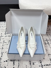 PRADA 26S POINTED-TOE HIGH HEELS 75MM IN CREAM WHITE CALFSKIN