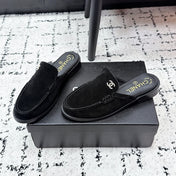 CHANEL 26S MULE LOAFERS IN BLACK SUEDE WITH CC LOGO