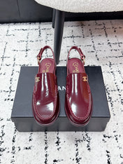 CHANEL 26S SLINGBACK LOAFERS IN BURGUNDY RED PATENT CALFSKIN WITH CC LOGO