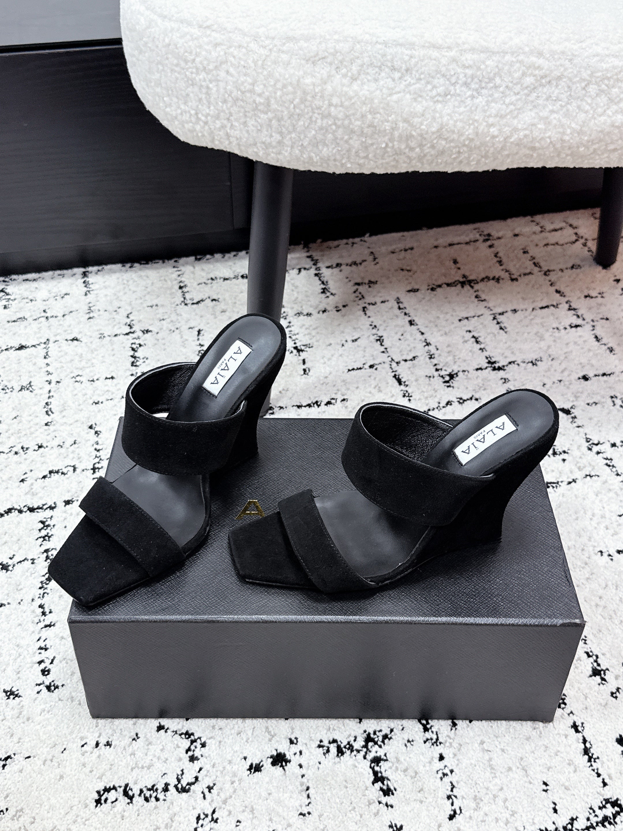 ALAIA 26S DOUBLE STRAP WEDGE SANDALS 110 MM IN BLACK SUEDE