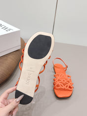 LOEWE 26S SQUARE TOE SANDALS IN ORANGE CALFSKIN LOGO