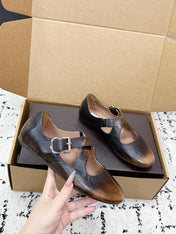 ALAIA 26S CROSS-STRAP BALLET FLATS IN MOTTLED DARK BROWN LAMBSKIN
