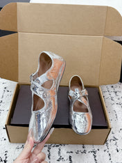 ALAIA 26S CROSS-STRAP BALLET FLATS IN SILVER LAMBSKIN