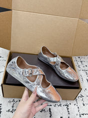 ALAIA 26S CROSS-STRAP BALLET FLATS IN SILVER LAMBSKIN