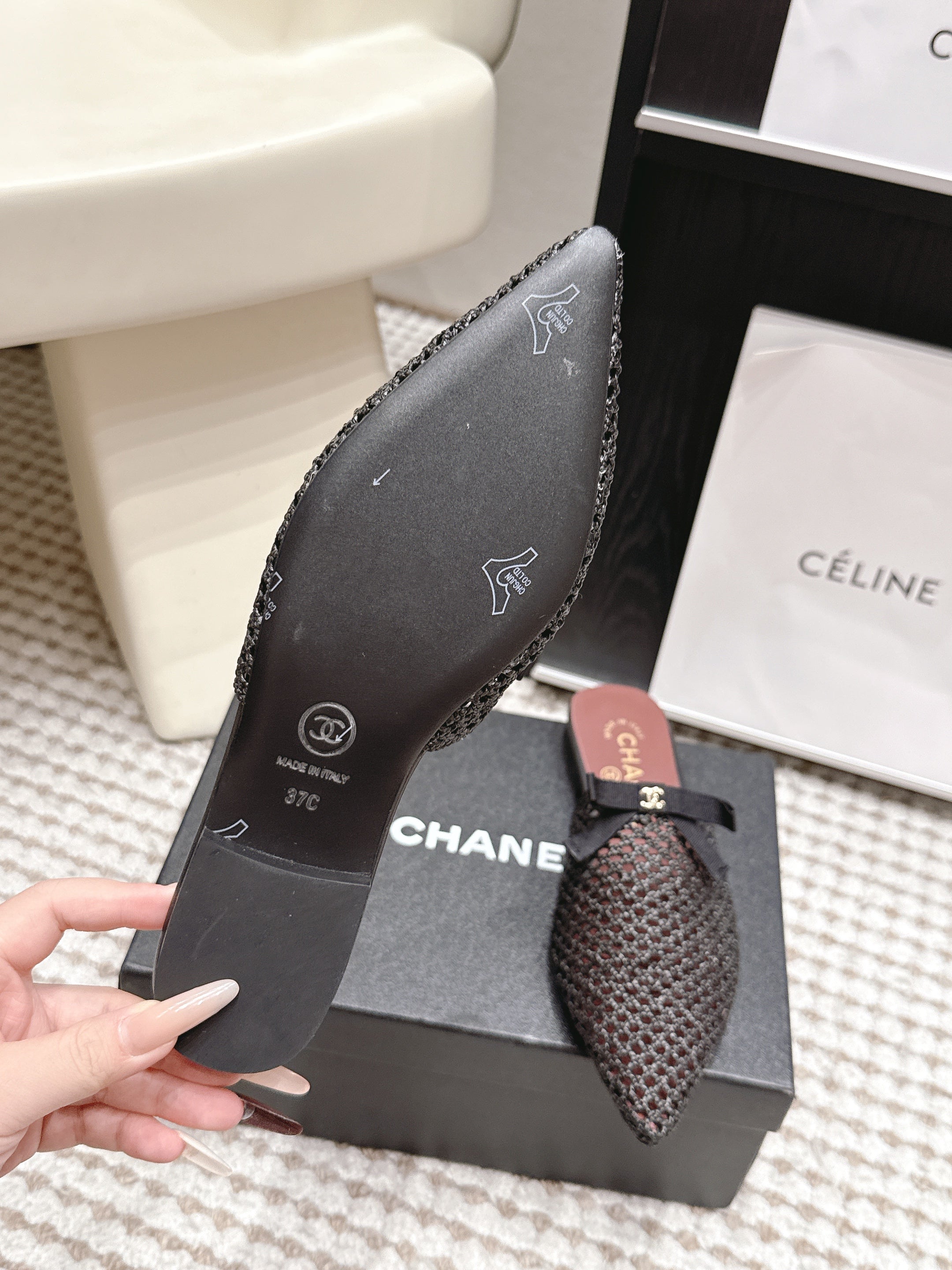 CHANEL 26S POINTED-TOE MULES IN BLACK MESH