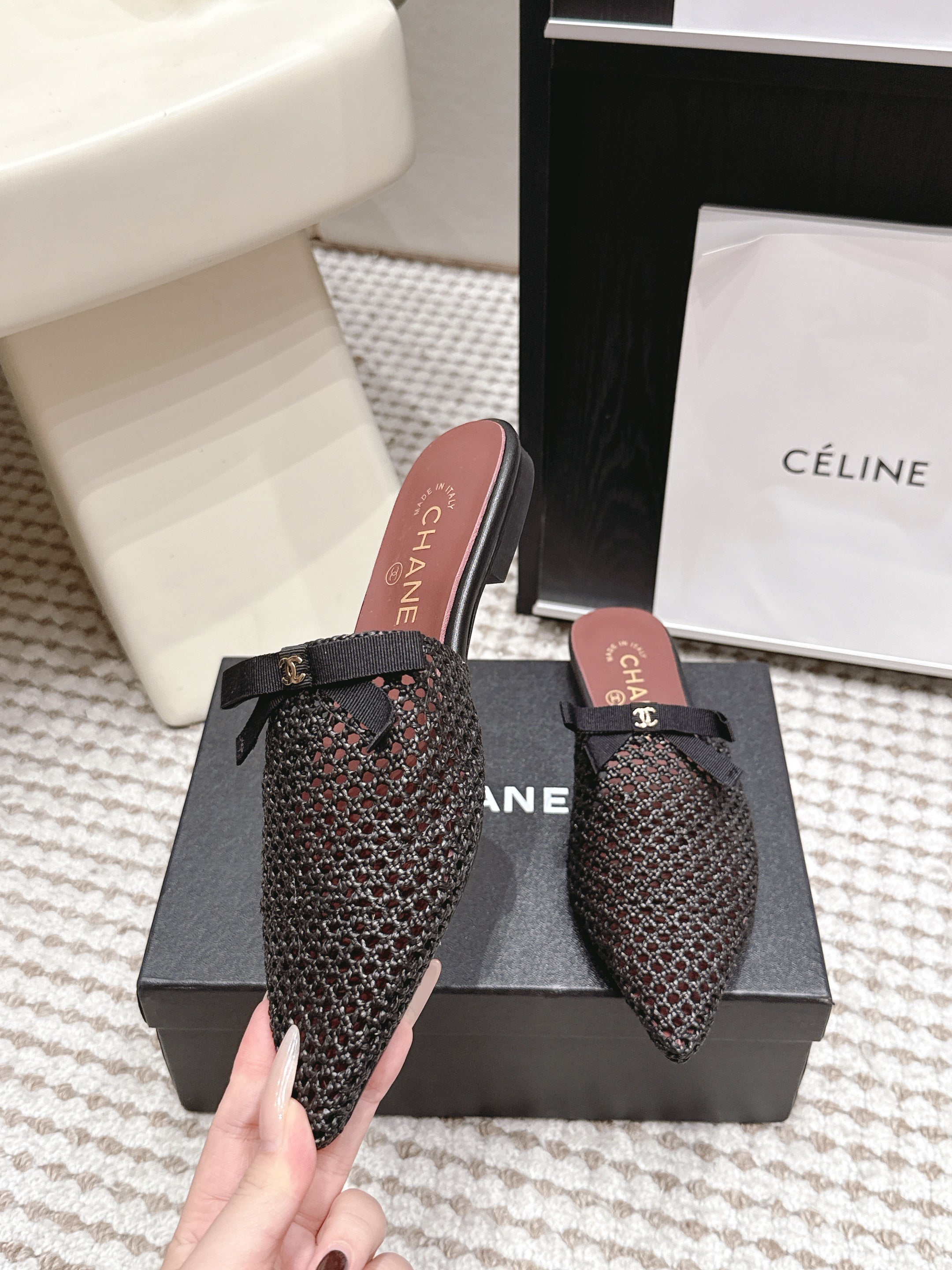 CHANEL 26S POINTED-TOE MULES IN BLACK MESH