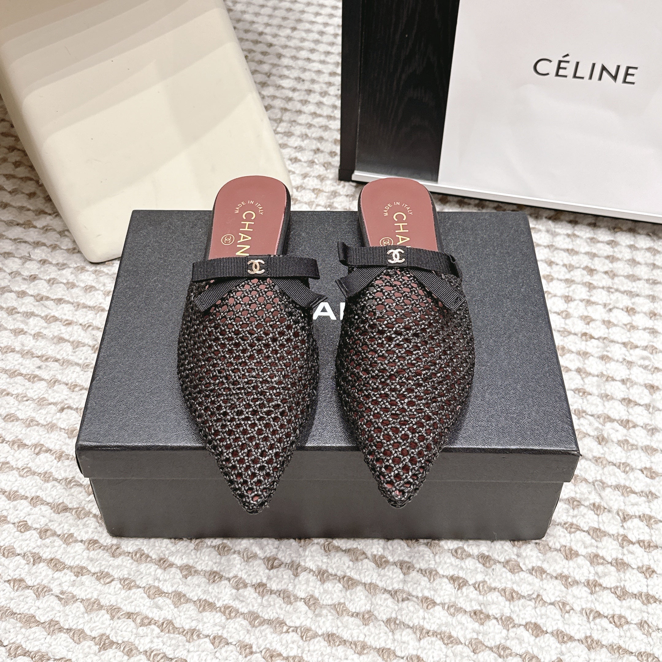 CHANEL 26S POINTED-TOE MULES IN BLACK MESH