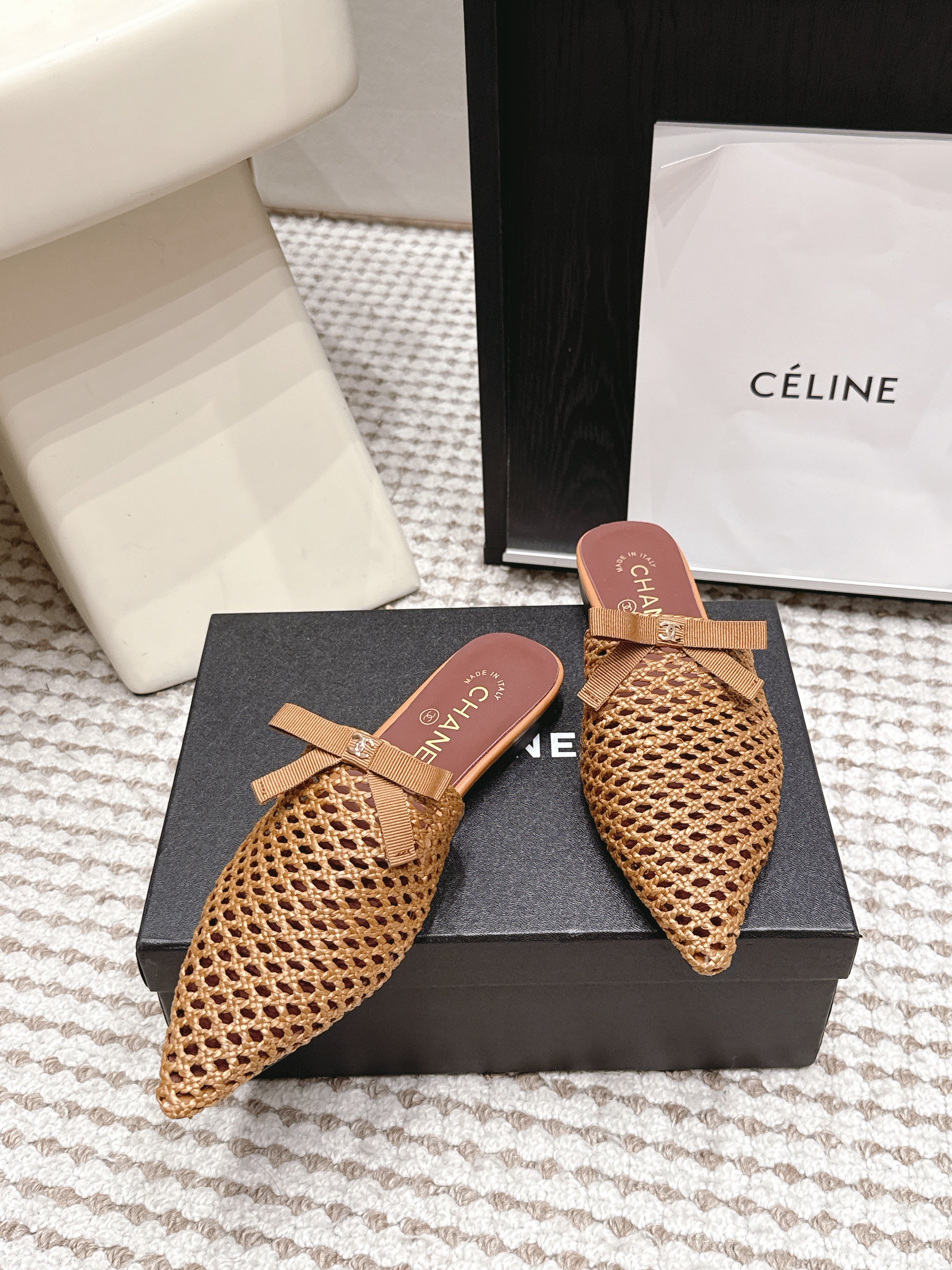 CHANEL 26S POINTED-TOE MULES IN CAMEL BROWN MESH