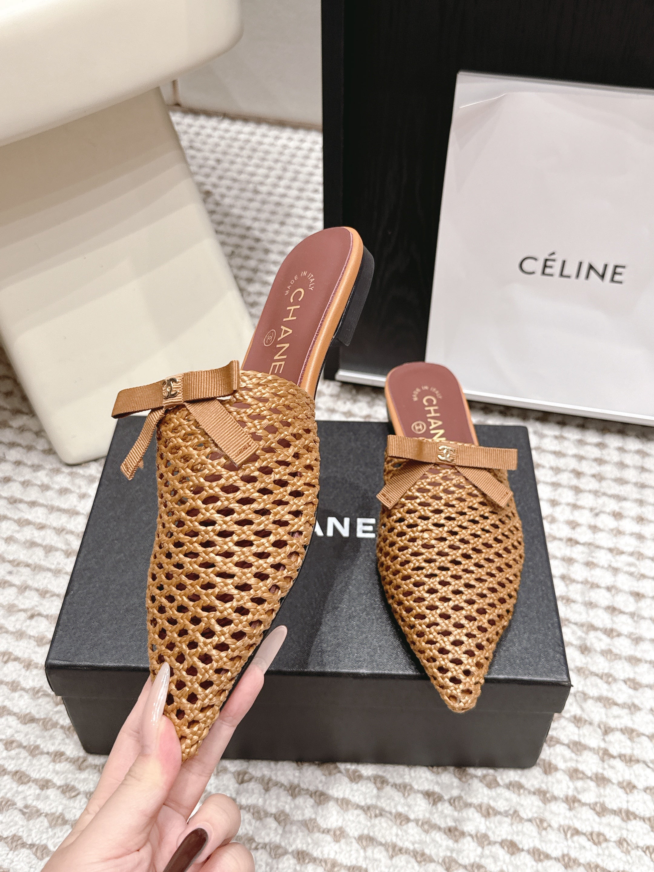 CHANEL 26S POINTED-TOE MULES IN CAMEL BROWN MESH