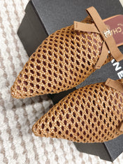 CHANEL 26S POINTED-TOE MULES IN CAMEL BROWN MESH